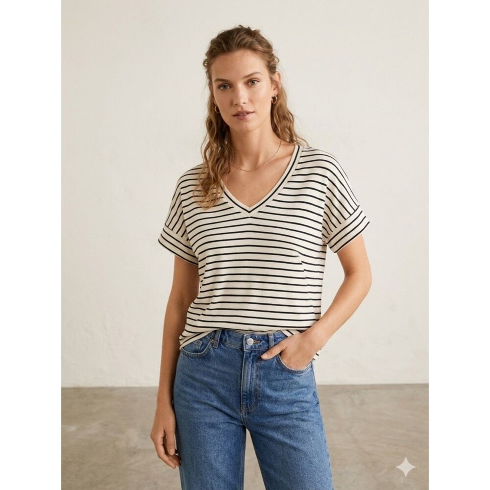 MNG - Striped V-Neck Short Sleeve Top - Cream/Black